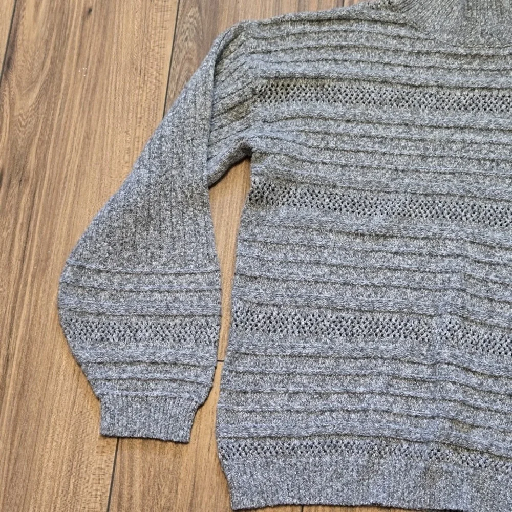 Womens Mock Neck Sweater M‎ Knit Striped Openwork Long Sleeve Gray (982) - Picture 3 of 8